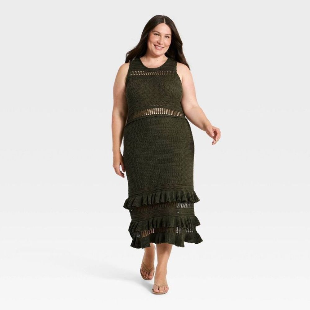 Women's Ruffle Sweater Midi Dress - A New Day Green 3X